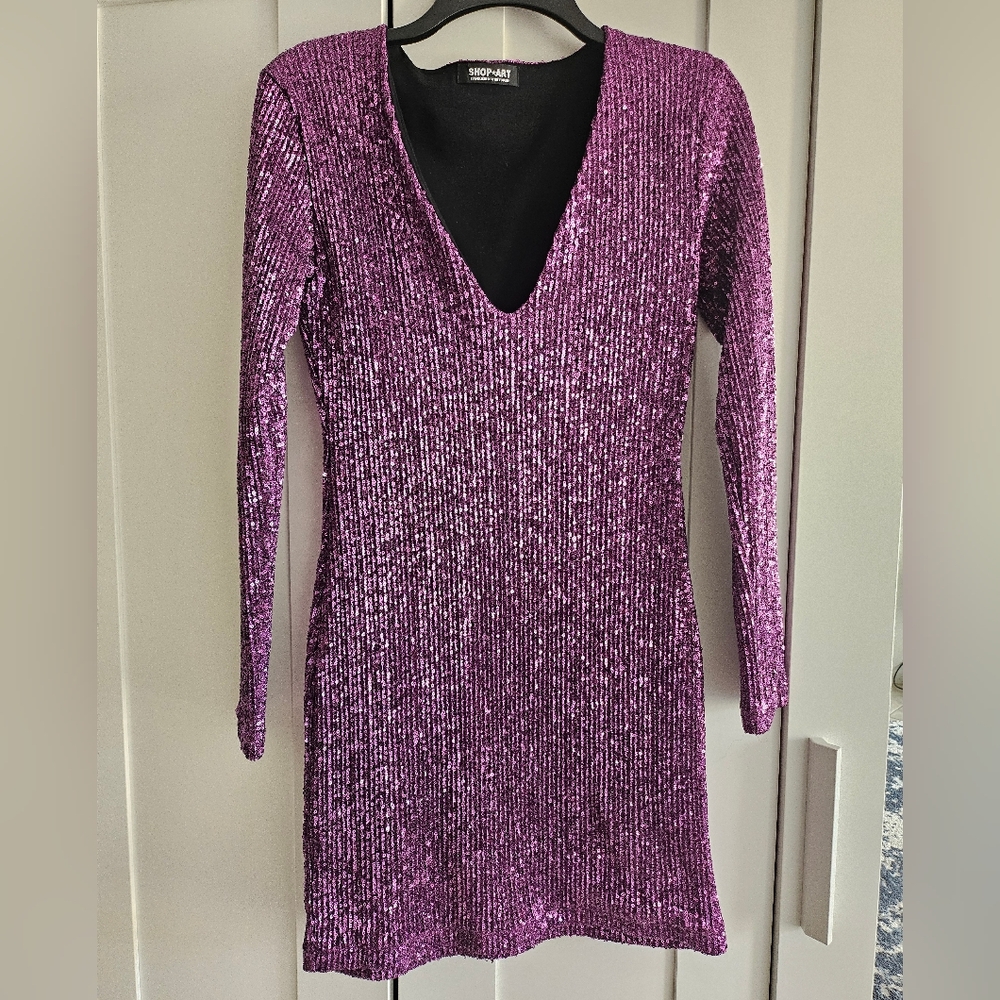 Purple SHOP ART Sequin Long Sleeve Dress